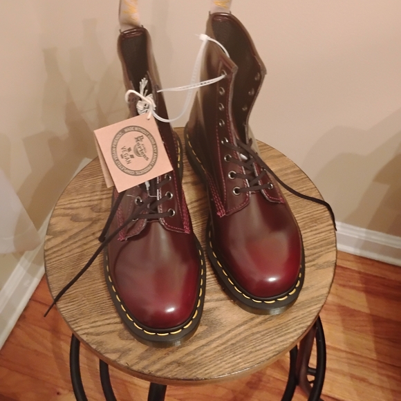 Burgundy Dr Martens Lace-Up Boots with Yellow Stitching - Picture 1 of 6